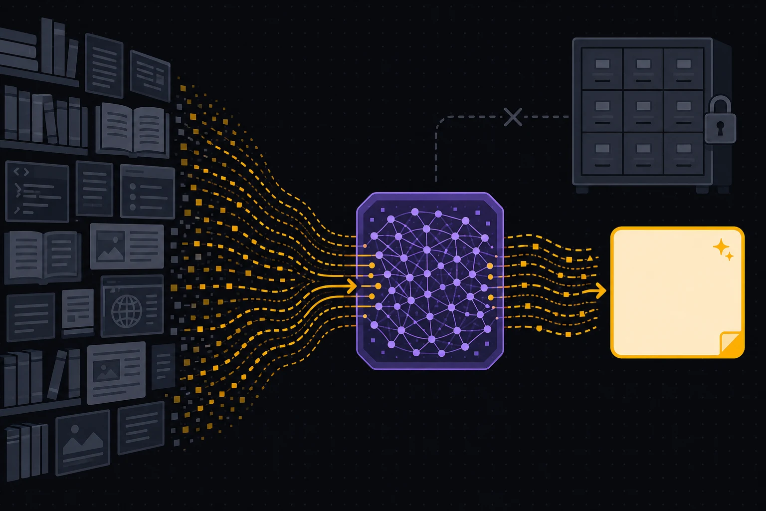 Training material becomes internal patterns, while a database sits disconnected from the reply path.